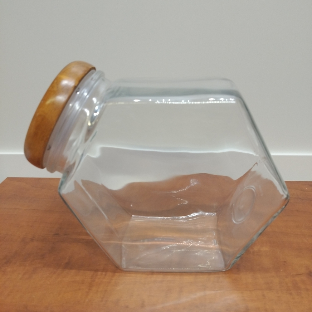Vintage Glass Hexagon Candy Storage Jar Canister Wood Lid Clear Tilt 8"X4"